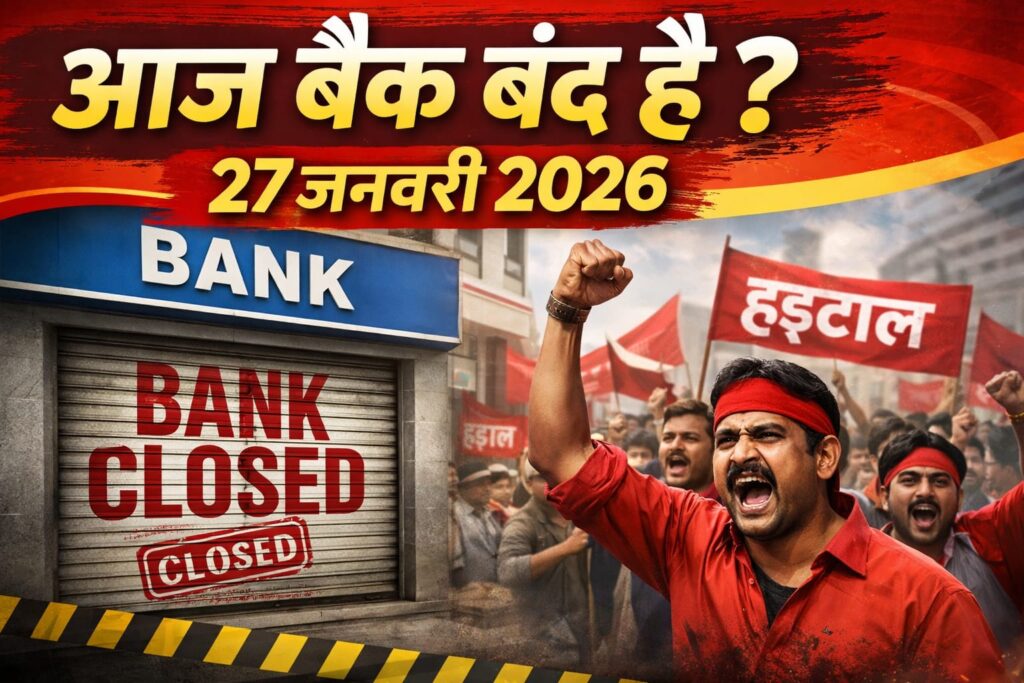 आज बैंक बंद हैं क्या – 27 जनवरी 2026 बैंक हड़ताल के कारण बंद बैंक और प्रदर्शन करते कर्मचारी ✅ Caption (Image के नीचे दिखने वाला टेक्स्ट)